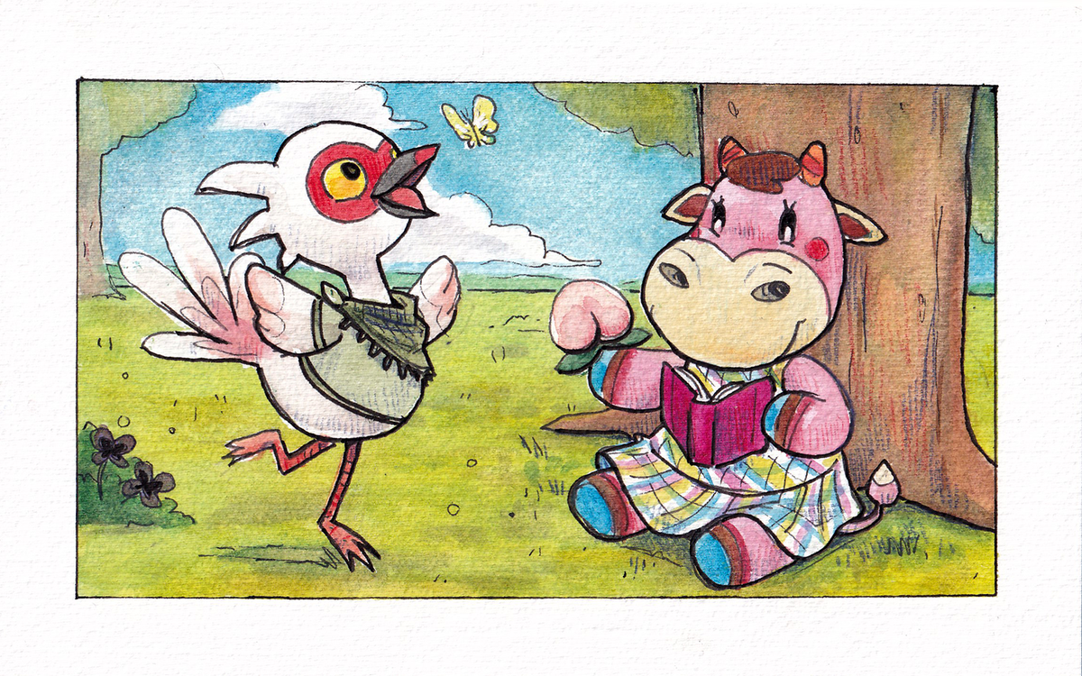 sclezbot's tweet photo. A commission for Elliott @disaster_corvid on Instagram! 

#accranston #acnorma #norma #cranston #acnh #animalcrossingnewhorizons #animalcrossing #watercolour #watercolor #watercolourillustration #animalcrossingfanart #acfanart #animalcrossingcommissions #myartwork https://t.co/a54fhy2rfD