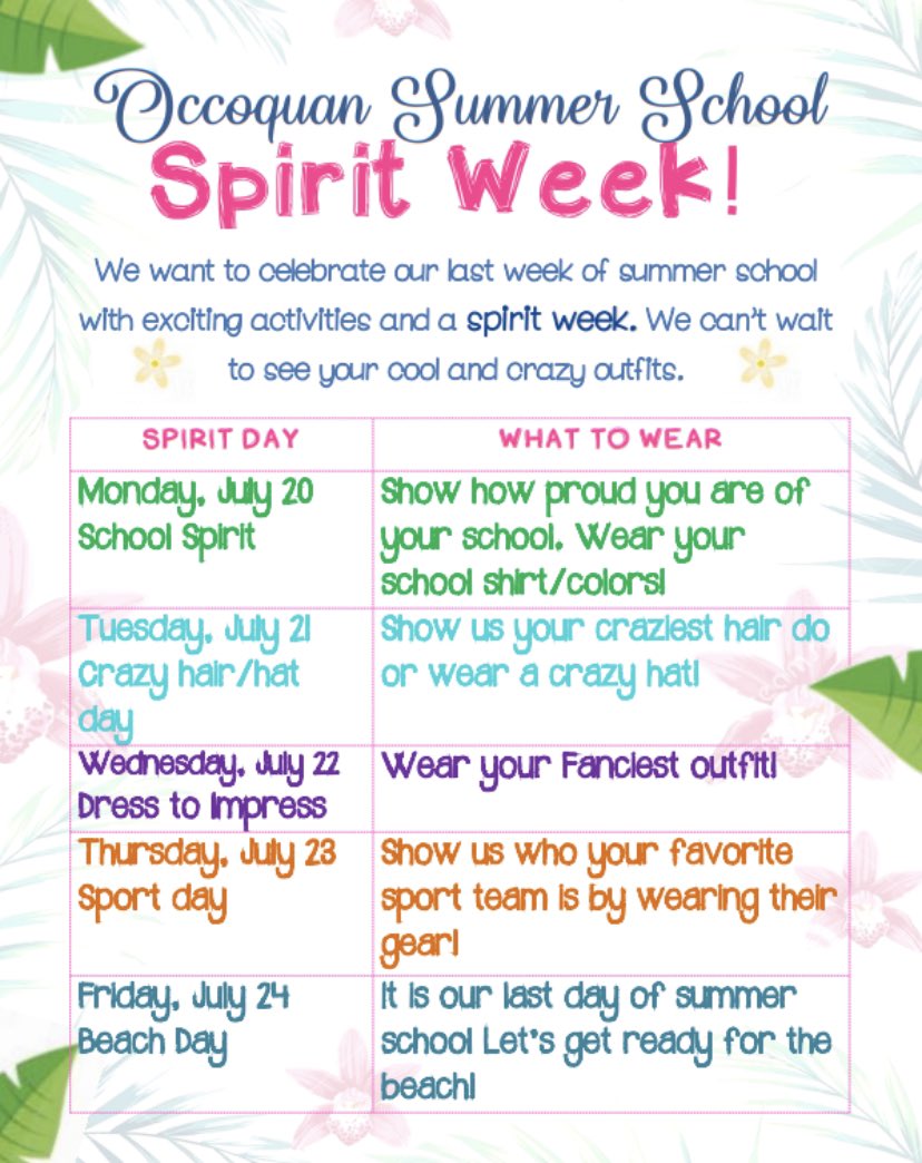 OccoquanSummer's tweet photo. Come join us for Spirit Week @OccoquanSummer starting tomorrow with School Spirit day!!! @PWCSNews https://t.co/hUl4FzC6hq