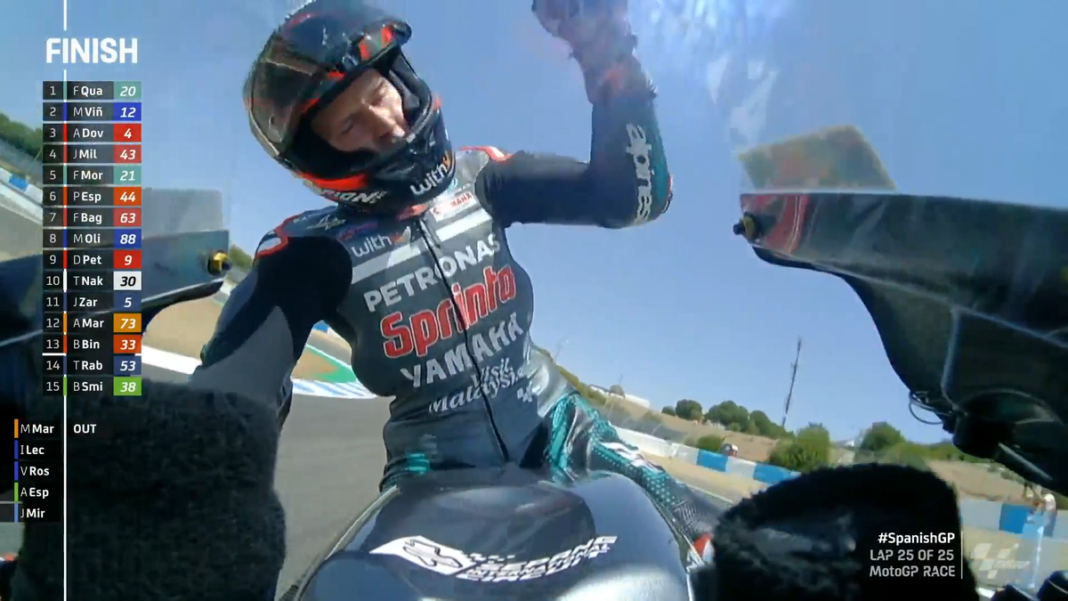 MotoGP's tweet photo. 🏁 #MotoGP RACE!

@FabioQ20 IS A MotoGP RACE WINNER!!! 🏆

#SpanishGP 🇪🇸 https://t.co/u0QKCGifSq