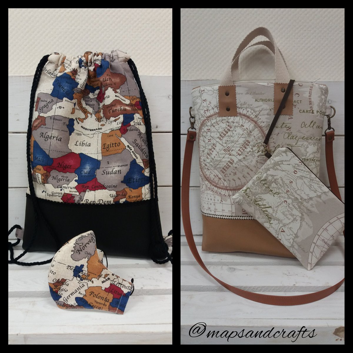 MapsCrafts's tweet photo. Esta semana no todo han sido mascarillas.  Bolso y mochila que se van de vacaciones!¡ Y sí, con mascarilla a juego. 

#bolsopersonalizado #mochilaviajera #mascarillapersonalizable #mascarillahigienica #mapas #hechoamano #hechoenespaña #mapsandcrafts https://t.co/MFAllpzH1F