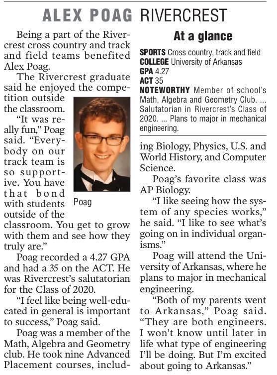 RivercrestSD's tweet photo. Congratulations to Alex Poag for being named to the Arkansas Democrat-Gazette’s All-Academic Team. #coltpride https://t.co/0sQS5TWKsw