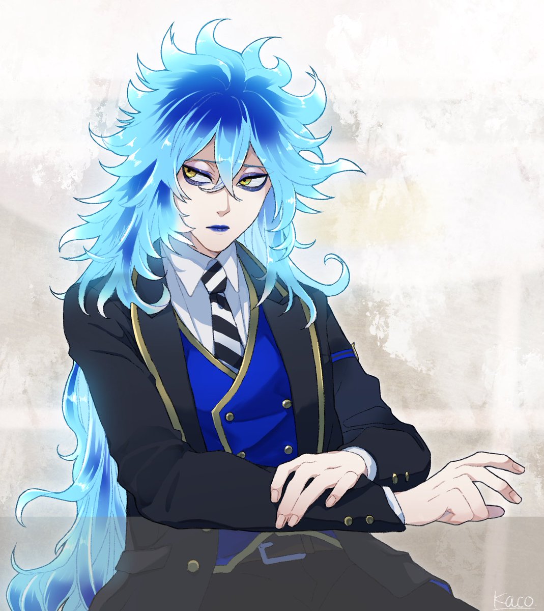 long hair 1boy male focus necktie yellow eyes blue hair solo  illustration images