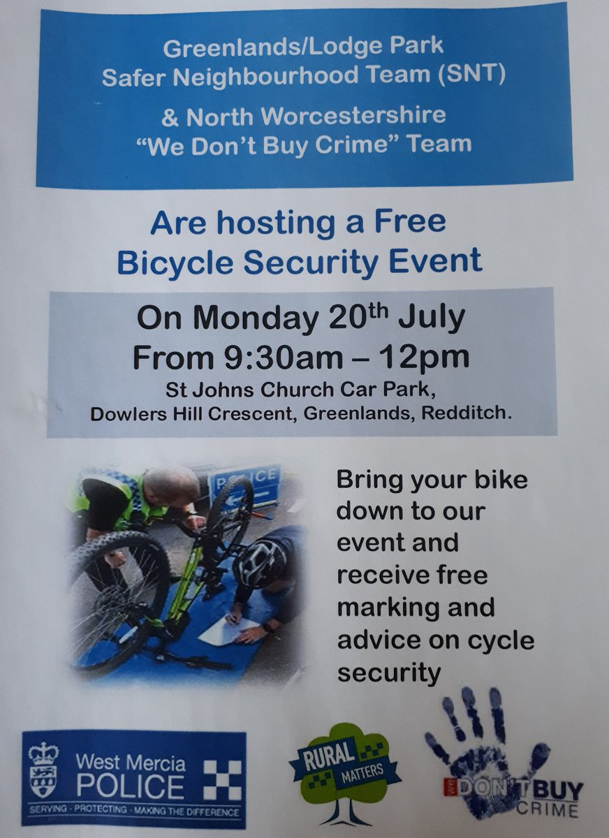 RedditchCops's tweet photo. Don't forget to drop in and see us for Cycle Security advice and marking Monday 20th. PCSOs Bosco & Bridgwater are wheelie excited! @WMPRuralMatters #TEAMGLP https://t.co/yVMQMlEts4