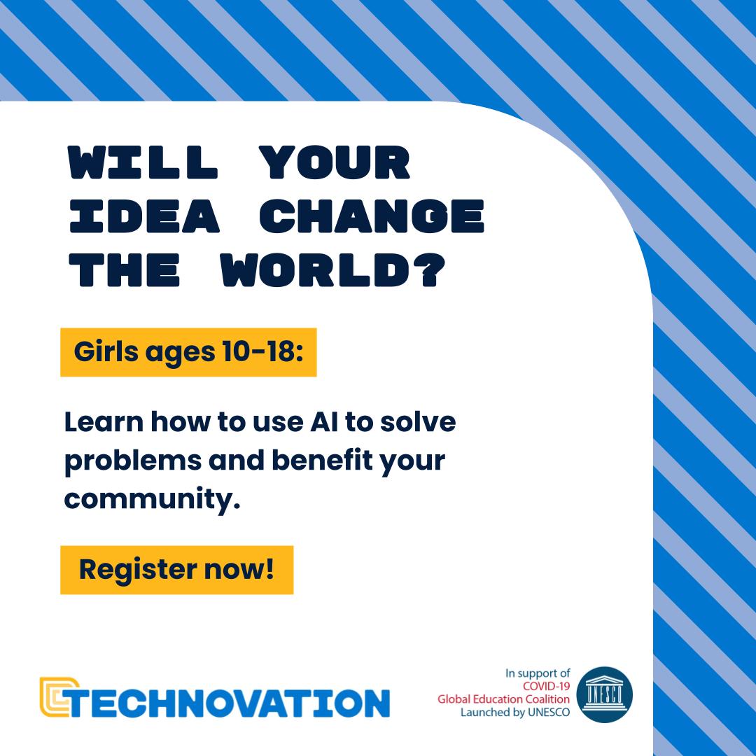 Join us for the #TechnovationIdeaLab — a free, online AI-technology entrepreneurship program for girls ages 10-18 in Kenya running July 27-Aug 28 in partnership with <a href="/Technovation/">Technovation</a> and <a href="/UNESCO/">UNESCO 🏛️ #Education #Sciences #Culture 🇺🇳</a>’s COVID-19 Global Education Coalition! Register now: bit.ly/IdeaLabForm