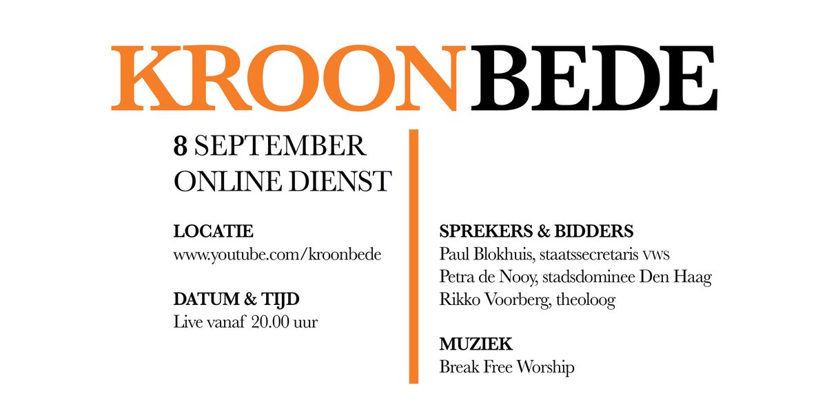 Welkom bij de online editie van de Kroonbede 2020 👑🙏🇳🇱! 

Doe mee op dinsdag 8 september 2020 om 20:00 live via youtube.com/kroonbede #kroonbede #prinsjesdag #denhaag