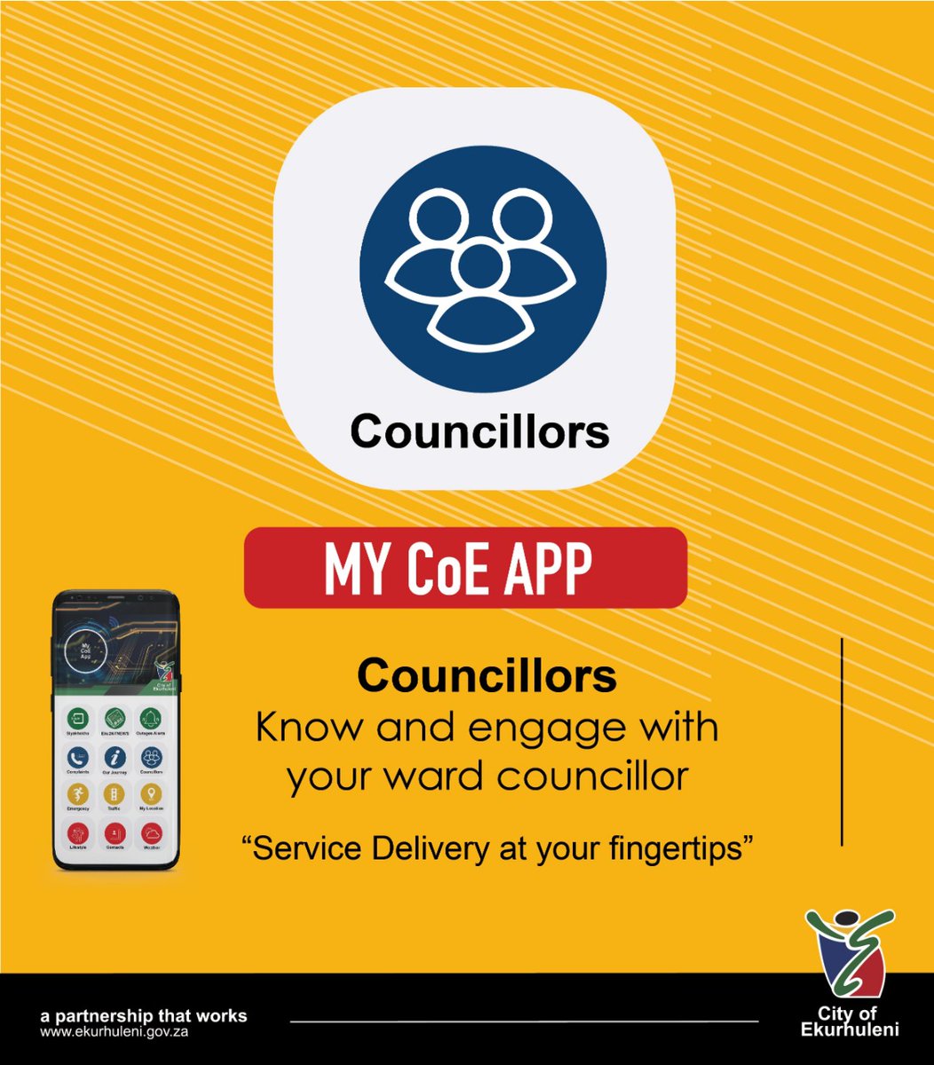 City_Ekurhuleni's tweet photo. Find your ward councillor on the My CoE App, which can be downloaded from Play/App stores. Contact 011 999 5102 should you have any problems downloading or navigating the App.
#MyCoEApp #ServiceDeliveryAtYourFingertips https://t.co/CaCTjJi5A2