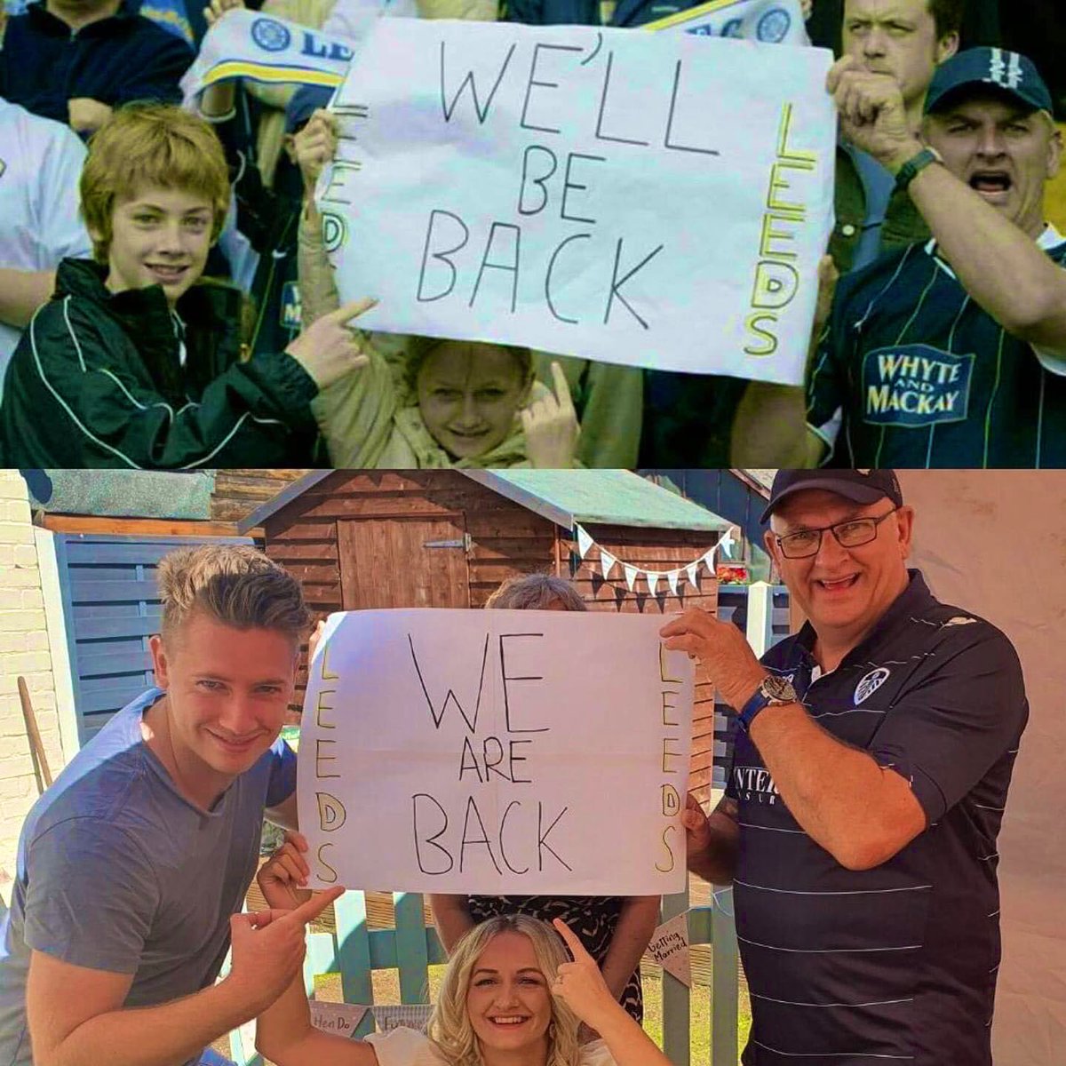 Papà, figlio e figlia. 

Nel 2004, il giorno della retrocessione, venivano inquadrati con il cartello “Torneremo”.

Nel 2020, sempre loro 3, con il cartello “Siamo tornati”.

😍😍👏🏻