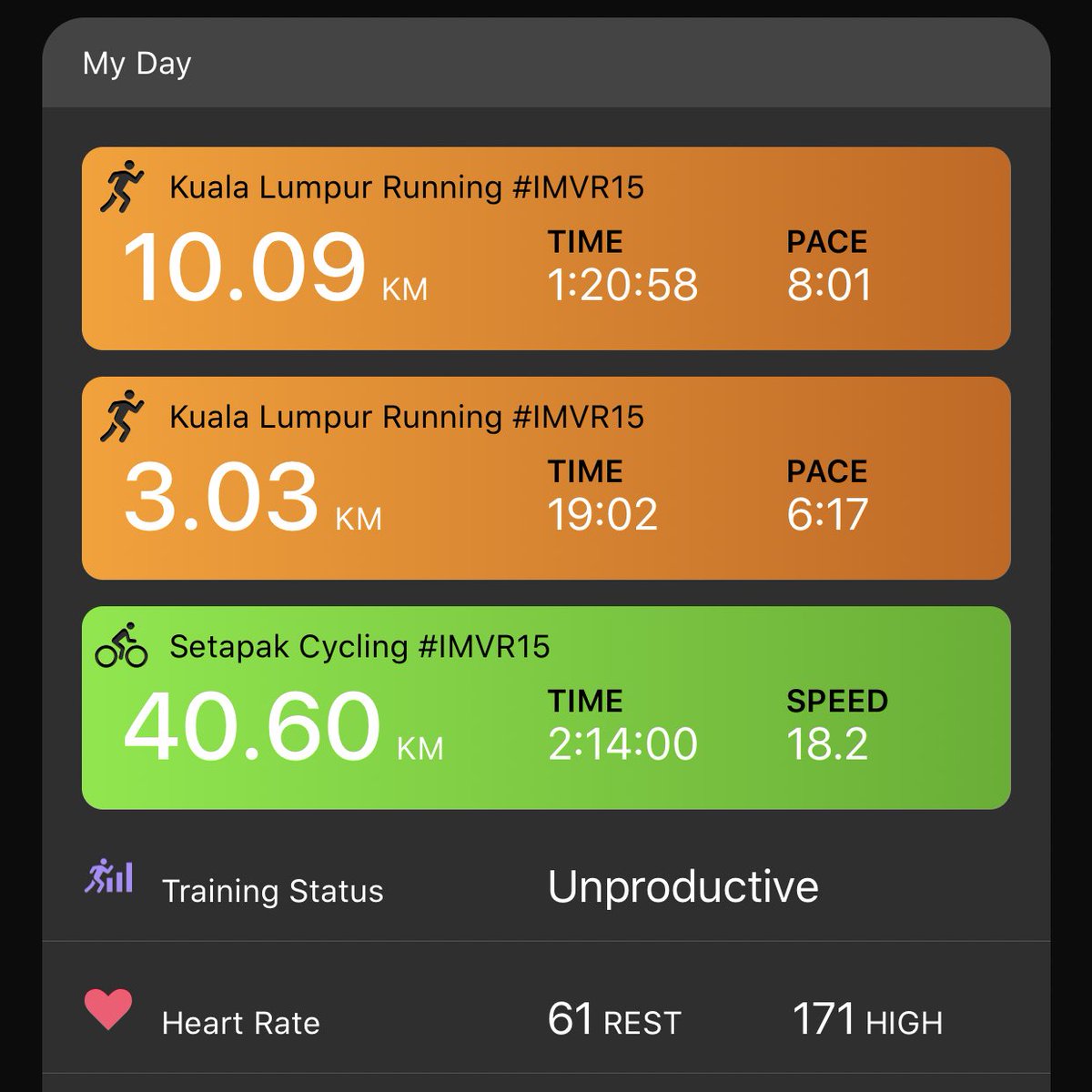 afiq_yatim's tweet photo. So today my 2nd attempt fo #ironmanvr. After ride pg td, den trus 😴 run sambung ptg dkt Tasik Titiwangsa which is aku dah silap, sbb padat tak sesuai nak lari. So santai je la. Org lain nk naik Vo2max, aku selamber turun 🤪 lumrah alam, benda naik mesti ada turun. #VR15 https://t.co/ltH9UDLWWZ