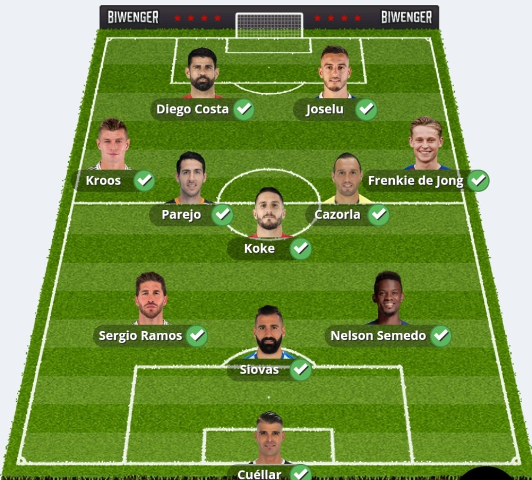 miguelsfc93's tweet photo. @JornadaPerfecta @biwenger @comuniazo @Asesor_Biwenger @MisterFantasyES Pues asi voy a jugar hoy. Me la juego estoy primero y el segundo esta a 15 puntos de mi. Espero ganar jejeje https://t.co/a1JeX4tjQ3