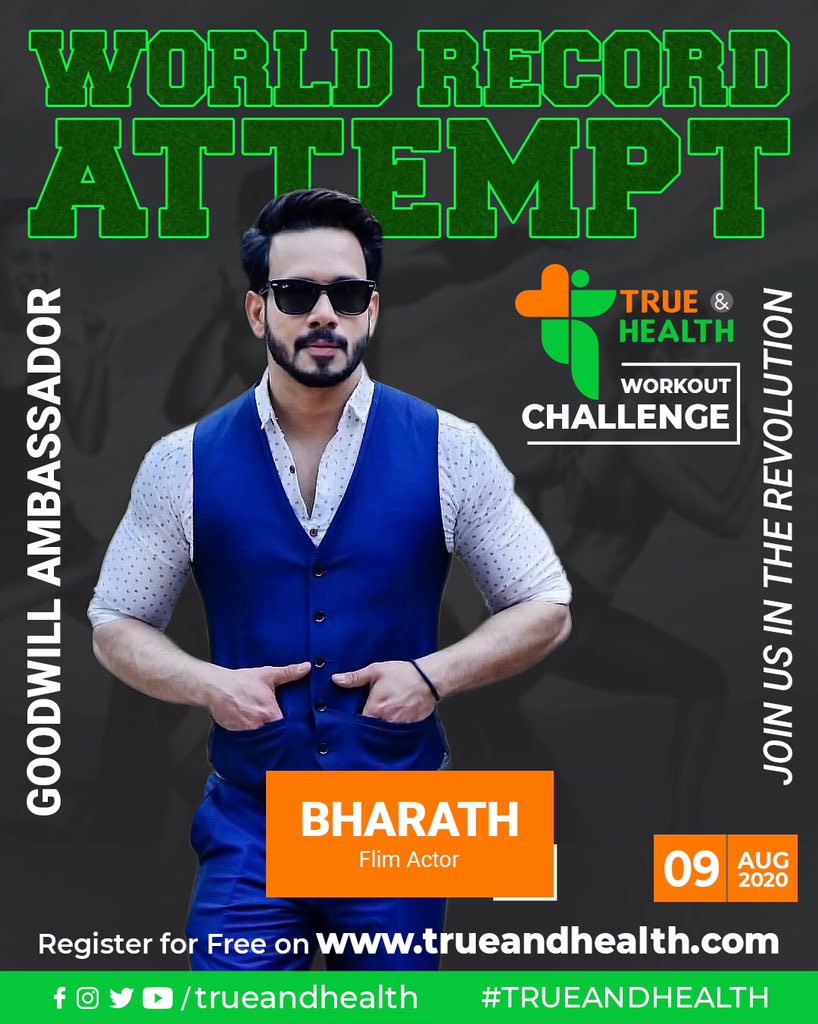 As we inch closer to breaking a new world record, @bharathhere has come on board to help promote the positive attributes to working out daily!

#trueandheath #worldrecordattempt #workoutchallenge #jointherevolution #unitingtheyouth #actorbharath #ambassador #goodwillambassador