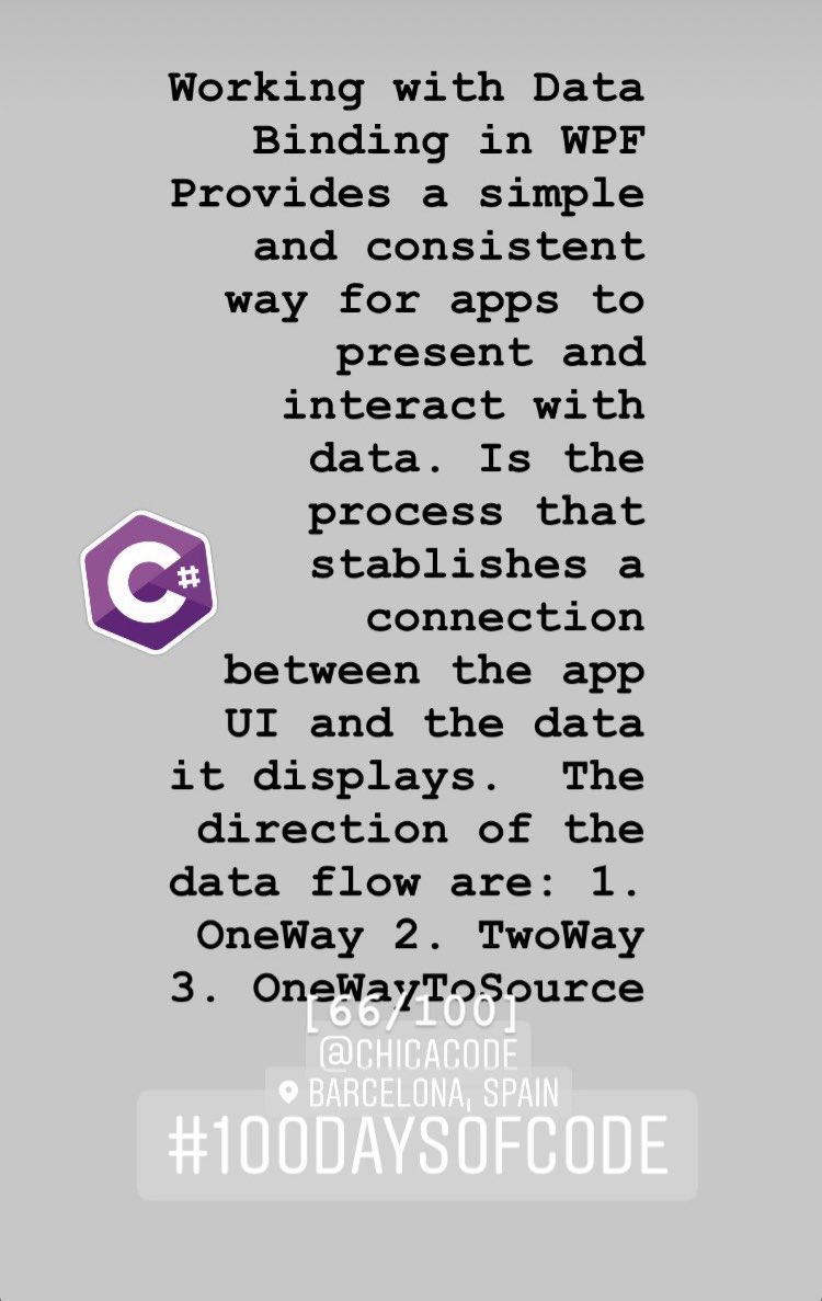 chicacode's tweet photo. Data binding in #csharp  is the process that establishes a connection between the app UI and the data it displays [66/100] #100DaysOfCode #chicacode #womenintech #WomenWhoCode #barcelona #coders https://t.co/4j2IfwkWdM