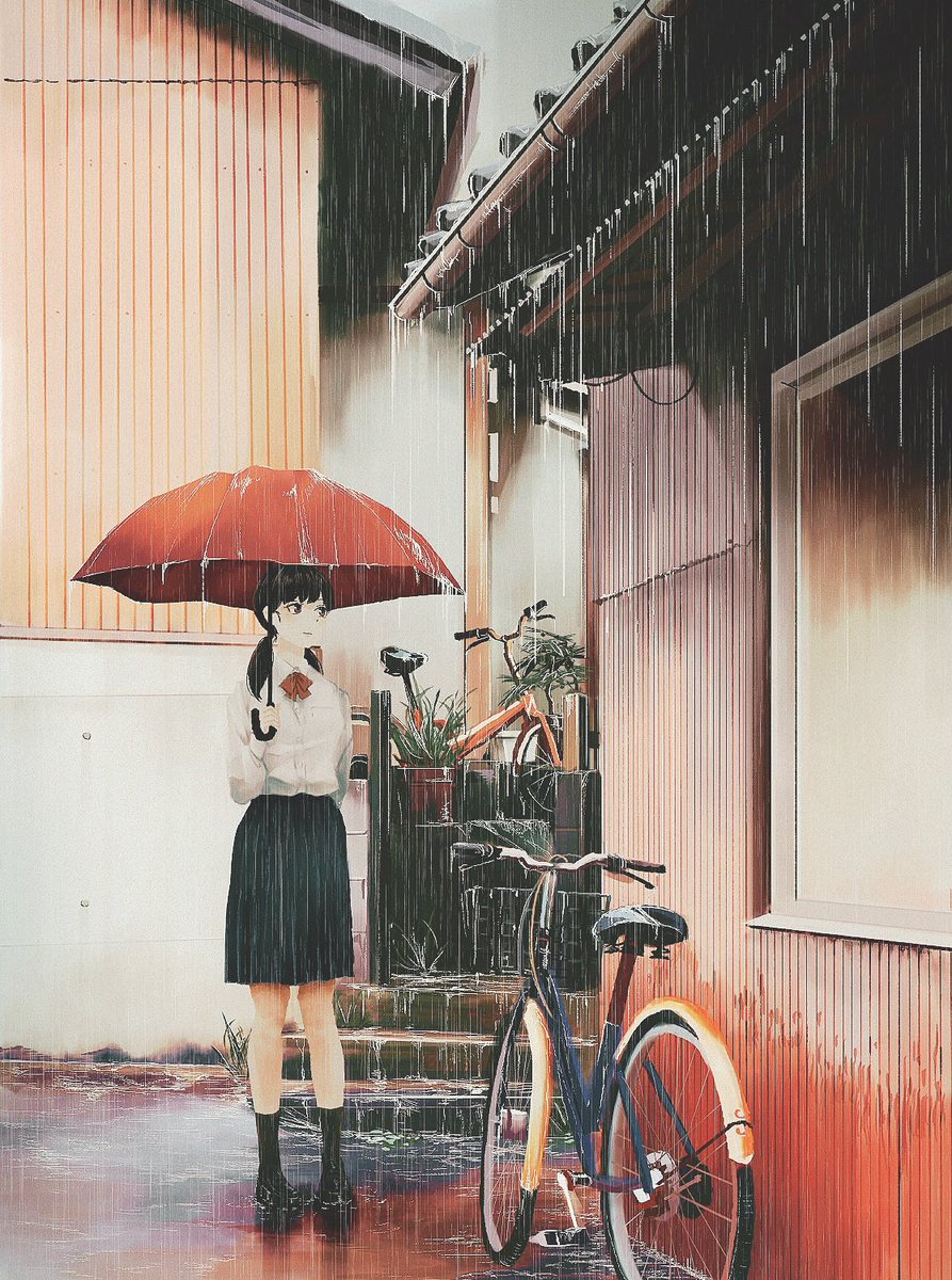 1girl rain bicycle umbrella solo skirt black hair  illustration images