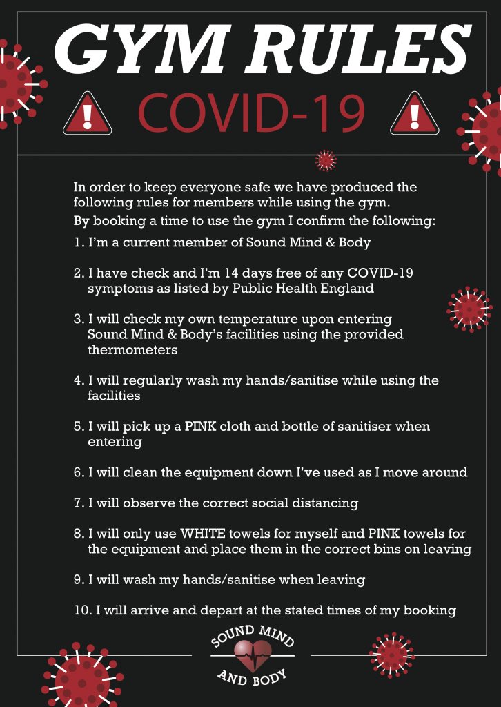 SoundMindBody1's tweet photo. With the reopening day getting closer we have some new Covid-19 rules that must be followed by members when using the facilities. These can be seen below as well as on our website and booking system.

We are ready for action!                             3/3 https://t.co/lEkMGO7hUq