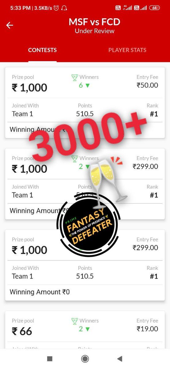 FantasyDefeater's tweet photo. #MSFvsFCD #Dream11 #t10
#winnings 🥂🥂 https://t.co/aSaOdT2K9U