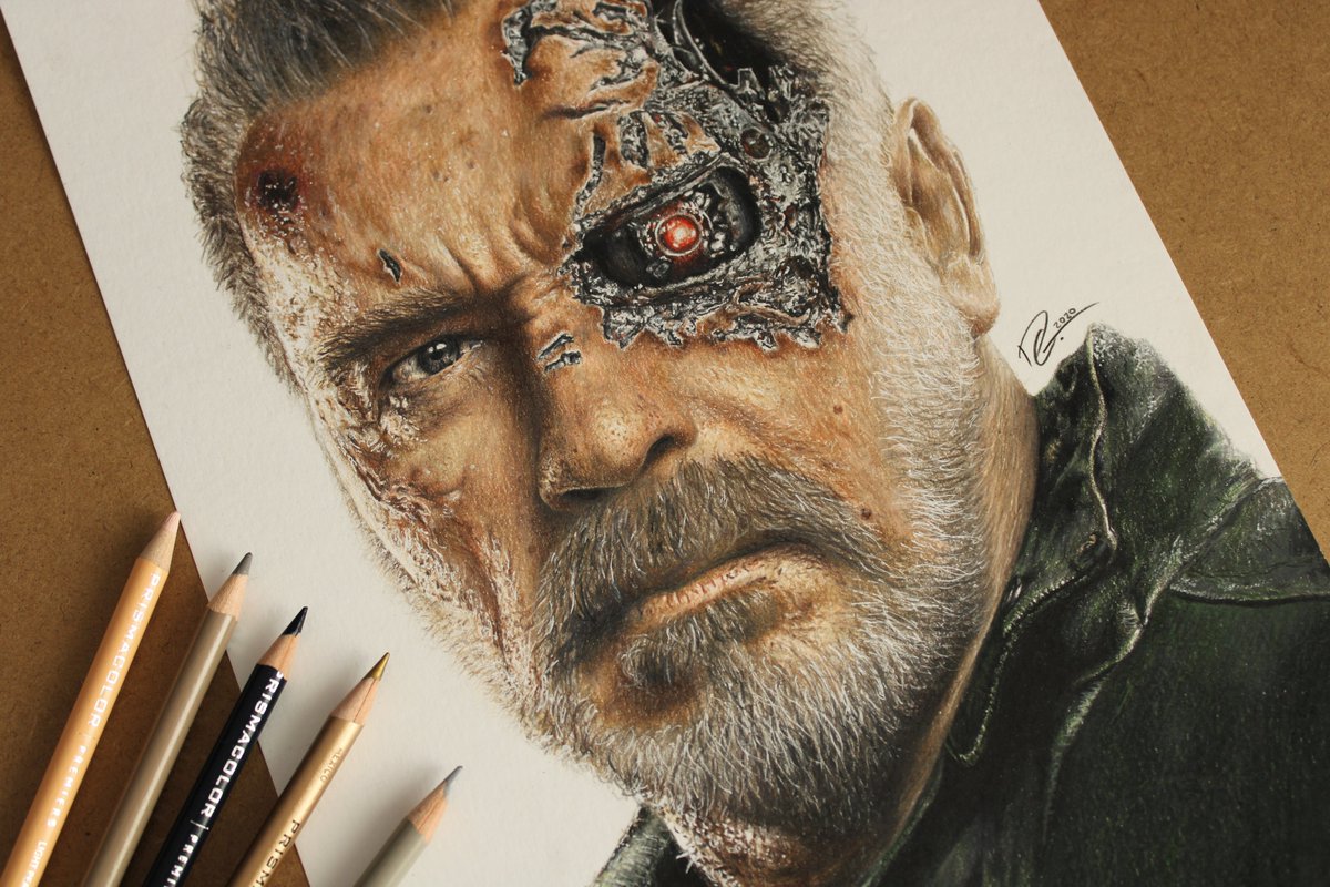 DinGazz_'s tweet photo. This is my drawing of  @Schwarzenegger as The Terminator from Terminator Dark Fate. It took about 22 hours to complete and was a really fun portrait to work on!
My Timelapse: https://t.co/YGJlDuHCGw

#drawing #prismacolor #art #pencil #fanart #terminator https://t.co/fperBnmqEW