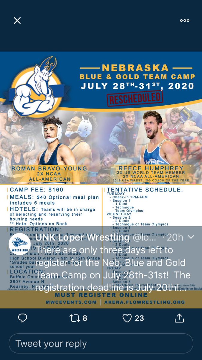 DaleHall86's tweet photo. North Platte wrestlers you only have 2 days to get signed up for the UNK Blue/Gold team camp.  Please let me know if your are planning on going so I can make travel arrangements for the team. https://t.co/i5VLKzBHms