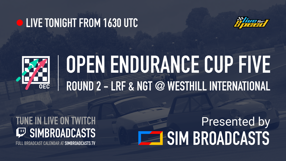 simbroadcasts's tweet photo. 🔴 LIVE Today from 16:30 UTC: @LFSracing Open Endurance Cup Five Round 2 - LRF &amp; NGT @ Westhill International. Tune in at: https://t.co/YbrSUYVY80

#simracing #livestream #sbtv #lfs #oec5 https://t.co/kSX64RZaOR