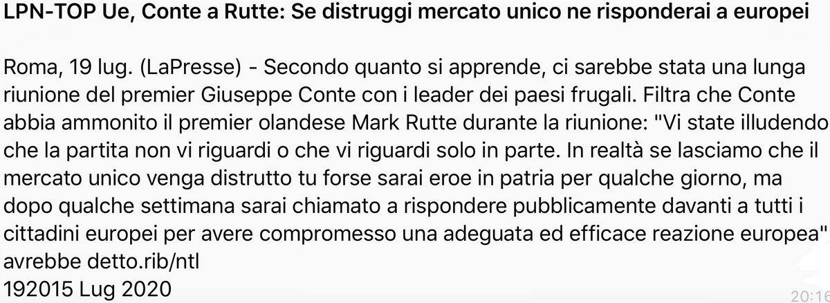 Mai mi sono sentito così orgoglioso di un Presidente italiano come lo sono di Giuseppe #Conte. Tenace, capace, orgoglioso dell’Italia. 
La trattativa al #ConsiglioEuropeo è fondamentale per il Paese, certamente, ma in realtà per l’intera #UnioneEuropea. 
Dobbiamo sostenerlo tutti