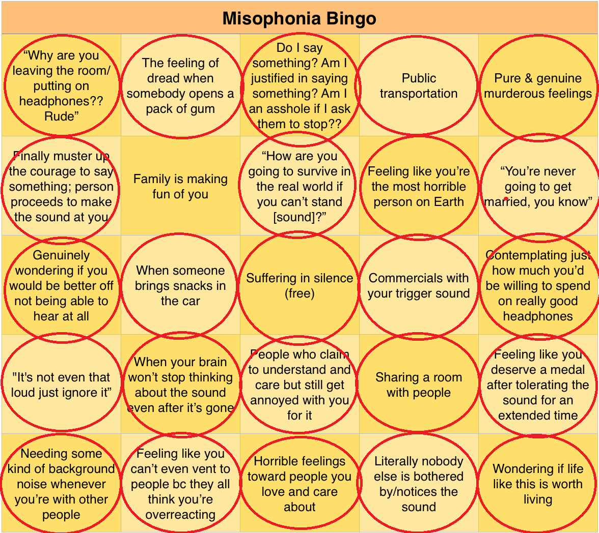 Miso_Mania's tweet photo. BINGO!

(I haven't told my family but I know I'd have a full house if I did).
#Misophonia #Bingo https://t.co/Dh1hmqZ0Jz