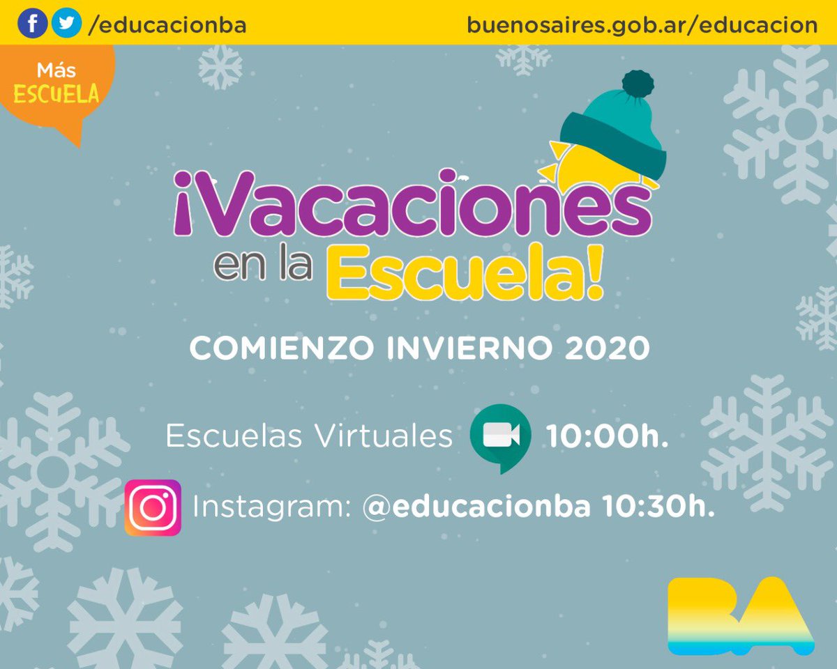 fabian_capponi's tweet photo. «Vacaciones en la Escuela invierno 2020» ❄️ mañana lunes desde las 10:00h. en las Escuelas Virtuales, y desde las 10:30h. a través del instagram @EducacionBA 📲 los esperamos para comenzar a vivir esta edición invierno 2020.
#MásEscuelaEnCasa
#Invierno2020 https://t.co/hkYf3kINVn