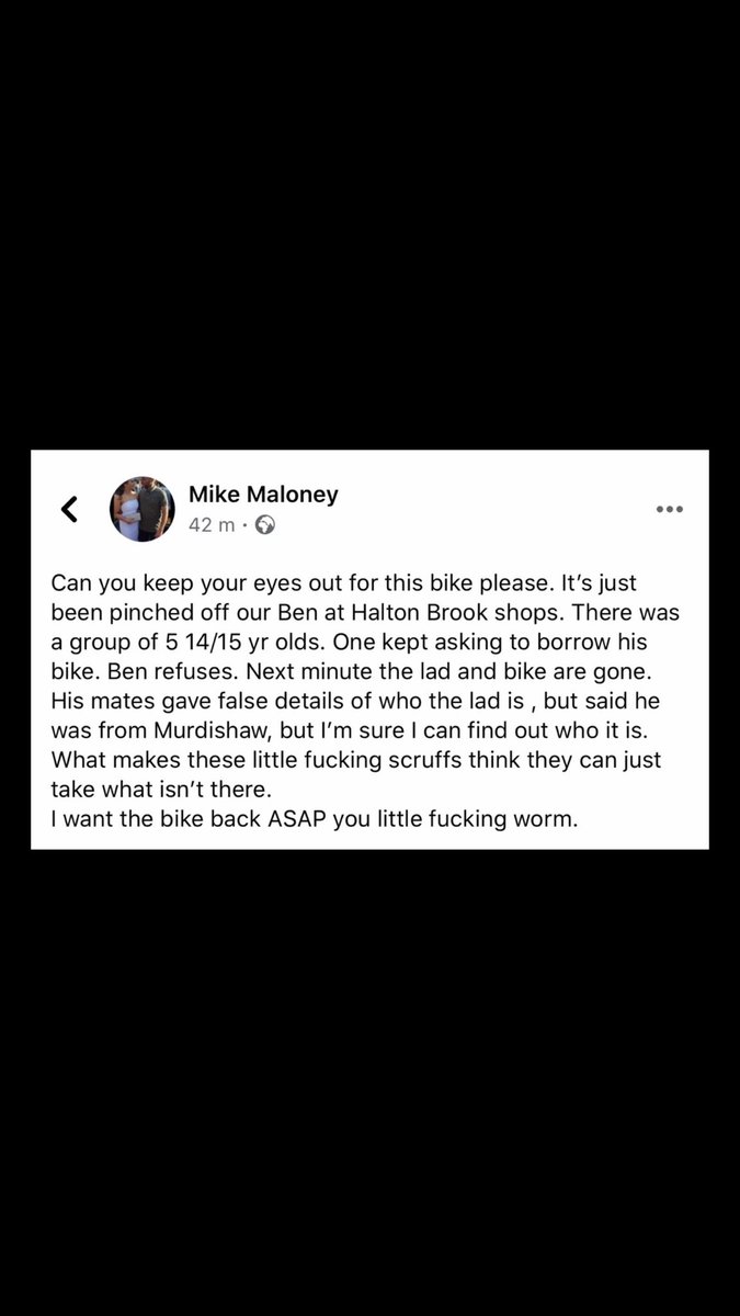 gavhanson's tweet photo. Please share this folks, my mates lad has had his bike taken by some little rats 🤬🤬🤬 Please help him get it back #Runcorn https://t.co/PRoaQuOxtT