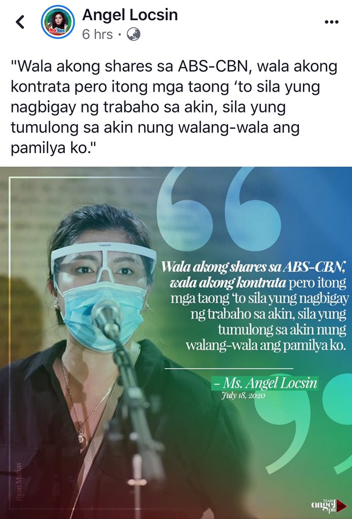 JherGarcia's tweet photo. Wrong information na sabihin,

"Nag-delete si @143redangel ng post."

Dahil hindi naman kasi niya account (sa Facebook)* yung naka-post at deleted ng post (na sinagot ni @SuziDoctolero)*

*Mine

Yan po ang pagliliwanag sa akin ni Ms. Angel Locsin.

#ProtectAngelLocsinAtAllCost👇 https://t.co/su1Pl7Emcr
