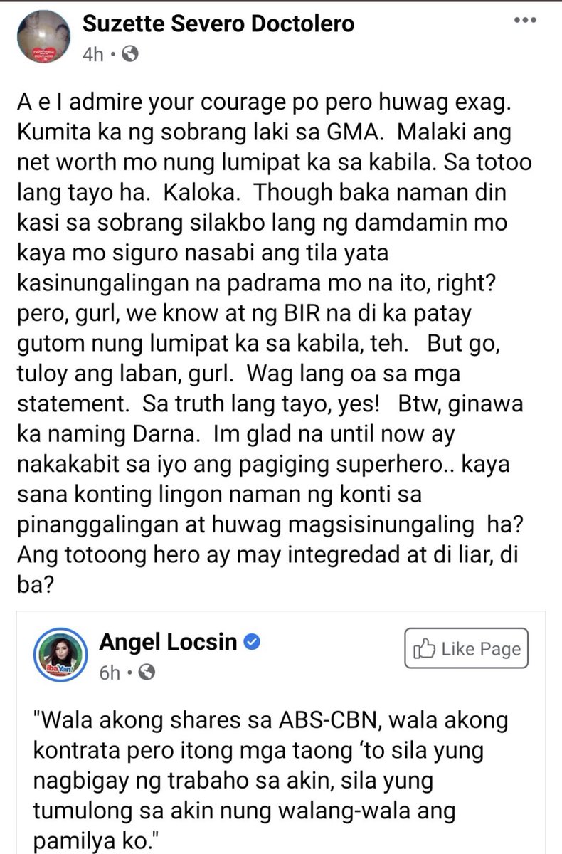 JherGarcia's tweet photo. Wrong information na sabihin,

"Nag-delete si @143redangel ng post."

Dahil hindi naman kasi niya account (sa Facebook)* yung naka-post at deleted ng post (na sinagot ni @SuziDoctolero)*

*Mine

Yan po ang pagliliwanag sa akin ni Ms. Angel Locsin.

#ProtectAngelLocsinAtAllCost👇 https://t.co/su1Pl7Emcr