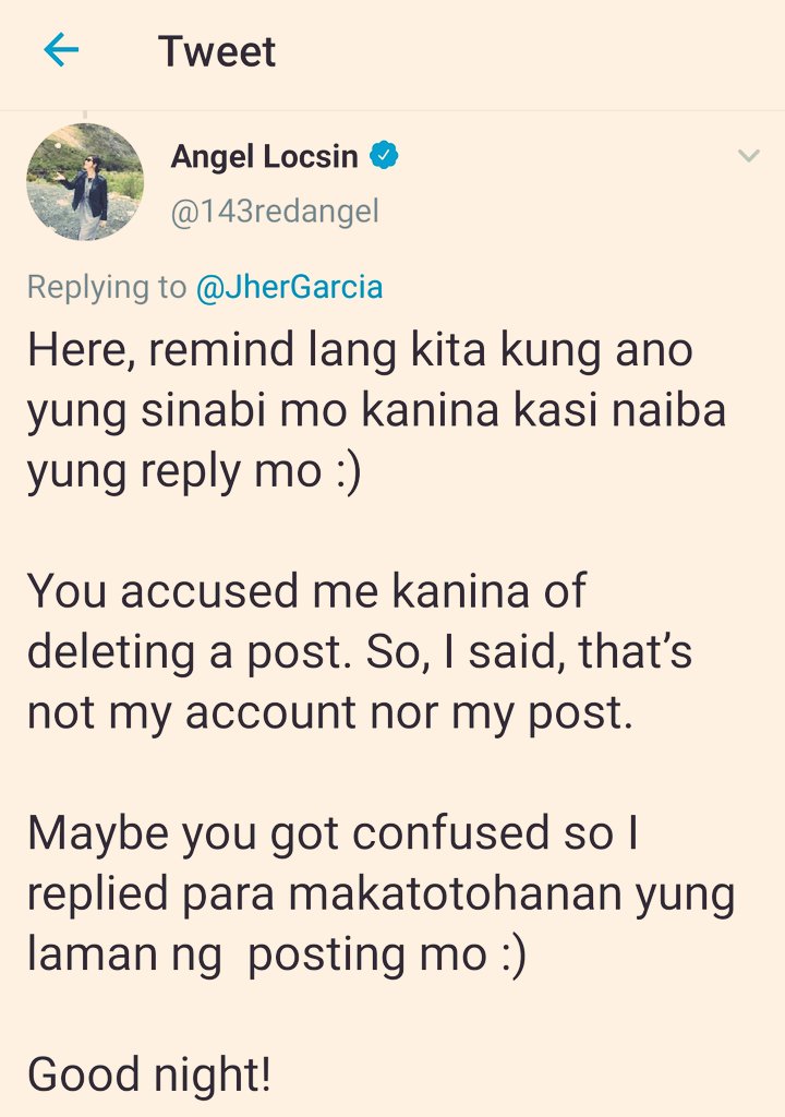 JherGarcia's tweet photo. Wrong information na sabihin,

"Nag-delete si @143redangel ng post."

Dahil hindi naman kasi niya account (sa Facebook)* yung naka-post at deleted ng post (na sinagot ni @SuziDoctolero)*

*Mine

Yan po ang pagliliwanag sa akin ni Ms. Angel Locsin.

#ProtectAngelLocsinAtAllCost👇 https://t.co/su1Pl7Emcr