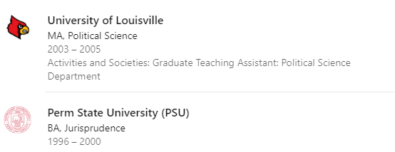 8/ From D's CV, his degree in law from Perm State University and M.A. from University of Louisville - one of the 10-character universities listed a few days ago.