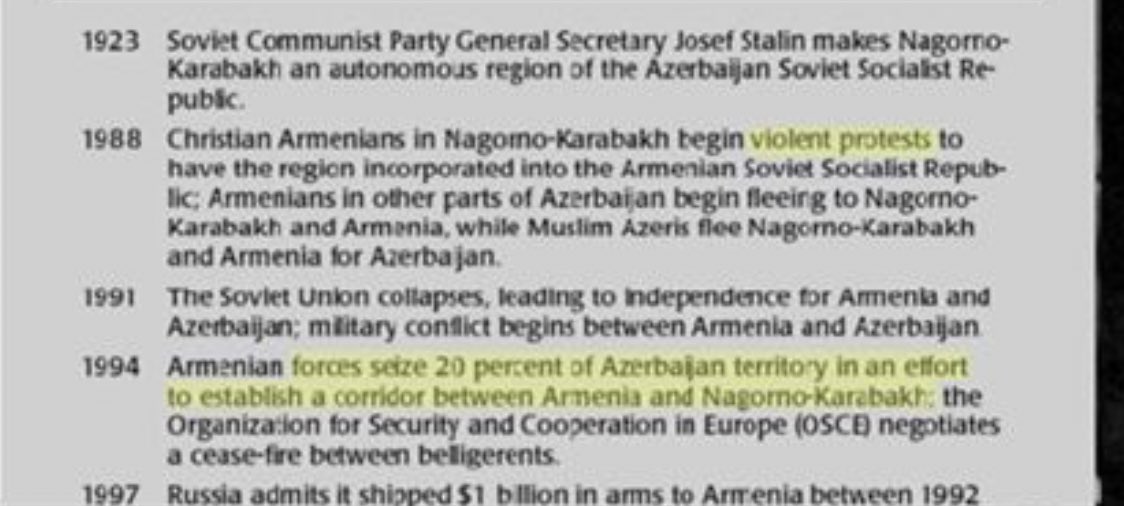 in 1988 armenian rioters wanted to claim karabakh as their own. it started with protests but turned into a WAR in 1991. the invasion resulted in massacres and ETHNIC CLEANSING of the azerbaijani civilian population.