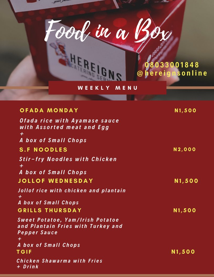 ifehy's tweet photo. Food in a Box

Mondays to Fridays 
Delivery cost not included! https://t.co/PusBSOo6ke