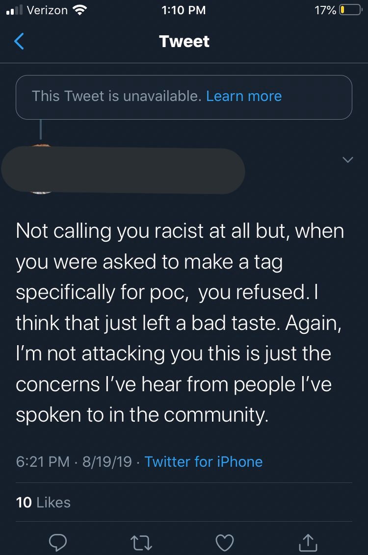 first of all mary’s tag is extremely white washed. the most popular tweets are white people and the black people that participate barely get any attention. mary doesn’t do anything to change this. many people have asked her to do a specific poc tag, but she’s denied every time.