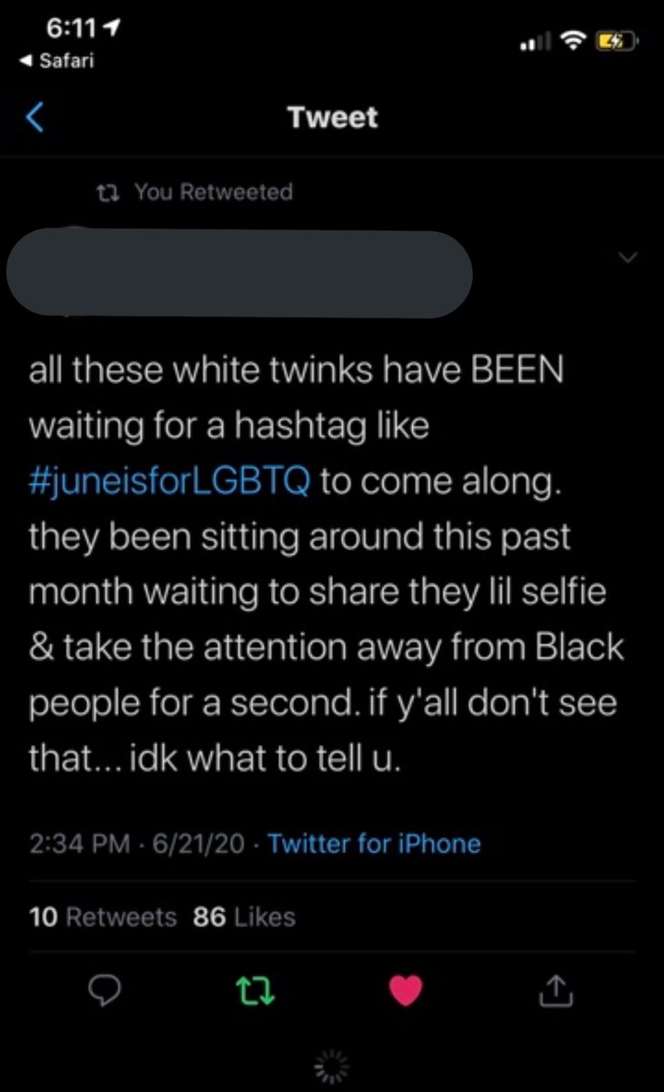 mary created the  #juneisforLGBT tag in the middle of the black lives matter movement. the phrase first “june is for gays” first got introduced by a white gay democrat with ill intentions behind it.