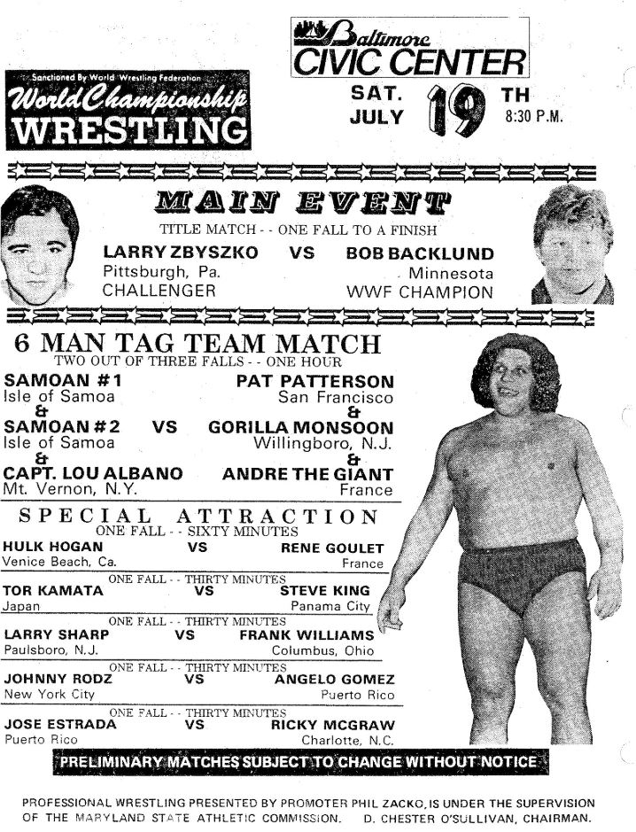 Wrestle40's tweet photo. Meanwhile, WWF packed 11,026 into the Baltimore Civic Center tonight to see @LivingLegendLZ defeat WWF World Champion Bob Backlund by countout at 24:52 in the main event after sending the champion into the ring post and knocking him to the floor. #OnThisDay + 6 other bouts. https://t.co/fPRBFfYAjc