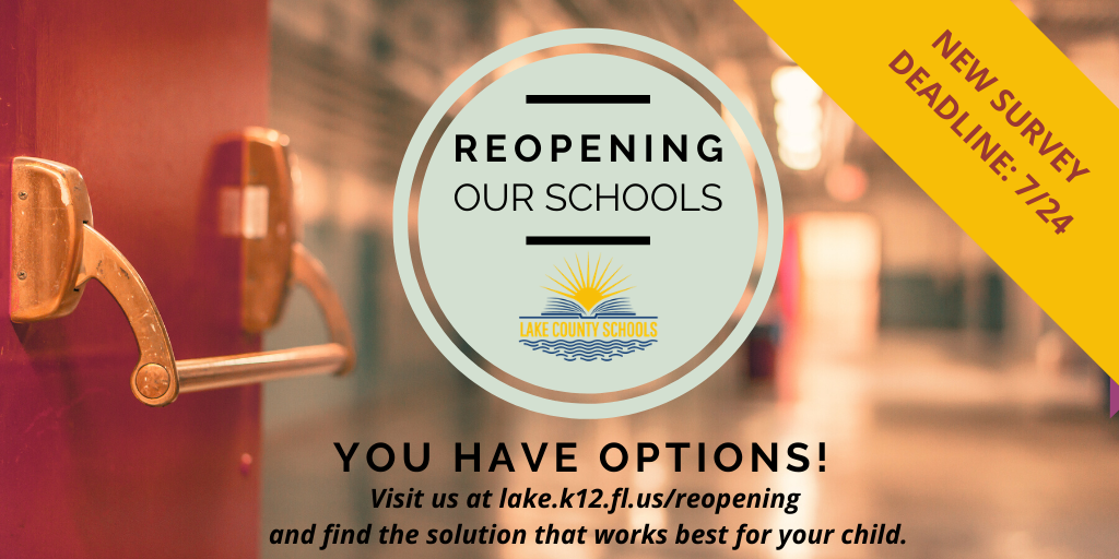lakeschools's tweet photo. The School Board will vote on our reopening plan, including updated safety protocols, Mon, 7/20, at 9:30 am. So, we are extending the survey deadline until 7/24. If you've already selected an option and want to change, retake the survey and we will use your most recent responses. https://t.co/FofVRnvtLC