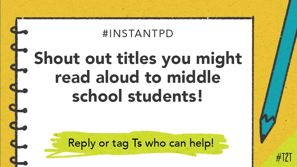 teacher2teacher's tweet photo. 👋 Hey, Ts! T @alsalyers1 just put out a call: "I need an engaging read-aloud option for 7th graders!"

What's one book your learners love to hear you read? #InstantPD #MSChat #ELA #BuildYourStack https://t.co/4UB4km6G3S