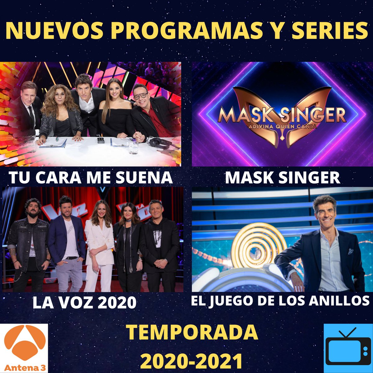 rincondetv's tweet photo. #NovedadesAntena3: La recta final de @TuCaraMSuena, las nuevas temporadas de La Voz (@LaVozAntena3), El juego de los anillos (@juegoanillos) y ¿Quién quiere ser millonario?, los estrenos de Mask Singer (@MaskSingerA3), La valla (@LaVallaTV) y El nudo (@ElNudoTV)🤩 https://t.co/dxMfXZlodw