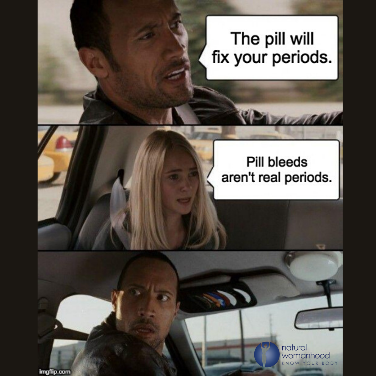 naturwomanhood's tweet photo. Kicking off #nfpawarenessweek with a meme! That's right, pill bleeds aren't real periods. #naturalwomanhood #cycles #NFP #Naturalfamilyplanning #fertilityawarenessmethod https://t.co/aD0qwLgr09