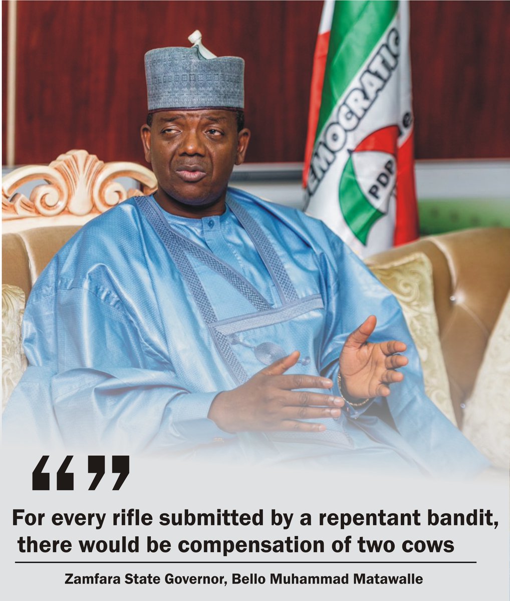 vanguardngrnews's tweet image. For every rifle submitted by a repentant bandit,  there would be compensation of two cows - Zamfara State Governor, Bello Muhammad Matawalle