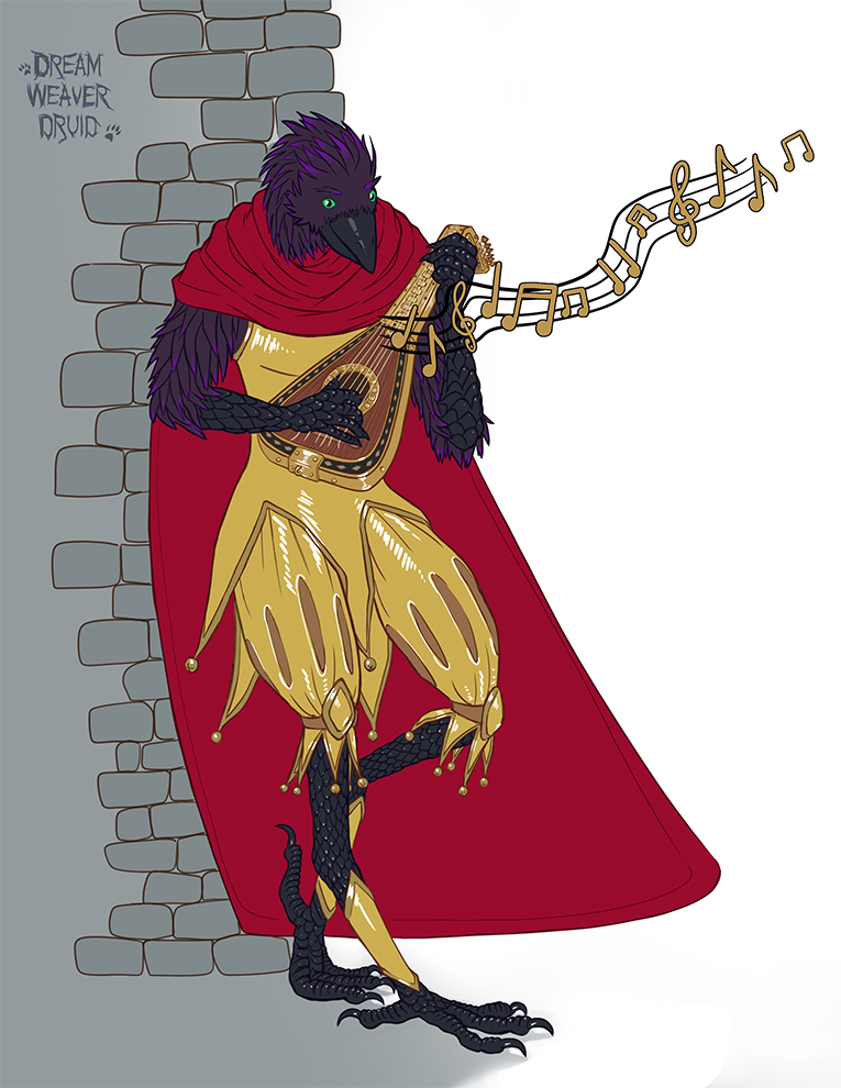 dreamweavedruid's tweet photo. Recent Commission for deckedoutdevildaggers​ on Tumblr, of their Kenku Bard named Dove Rustle! 😊😊

#kenku #5e #dnd #dndcharacter #tabletopgames #tabletopcharacter #characterart #art #fantasy #dungeonsanddragons #bard #kenkubard #commissions #commissionsopen #commission https://t.co/LkrXP6bnUT
