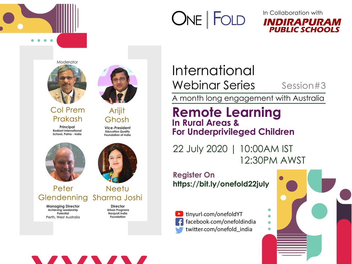 IprmGrp's tweet image. OneFold, in our collaboration, brings to you another engaging session of #InternationalWebinarSeries with expert educators from India &amp;amp; Australia on 22 July. Please register for #Session03:'Remote learning in Rural areas &amp;amp; for Underprivileged Student's' on bit.ly/onefold22july