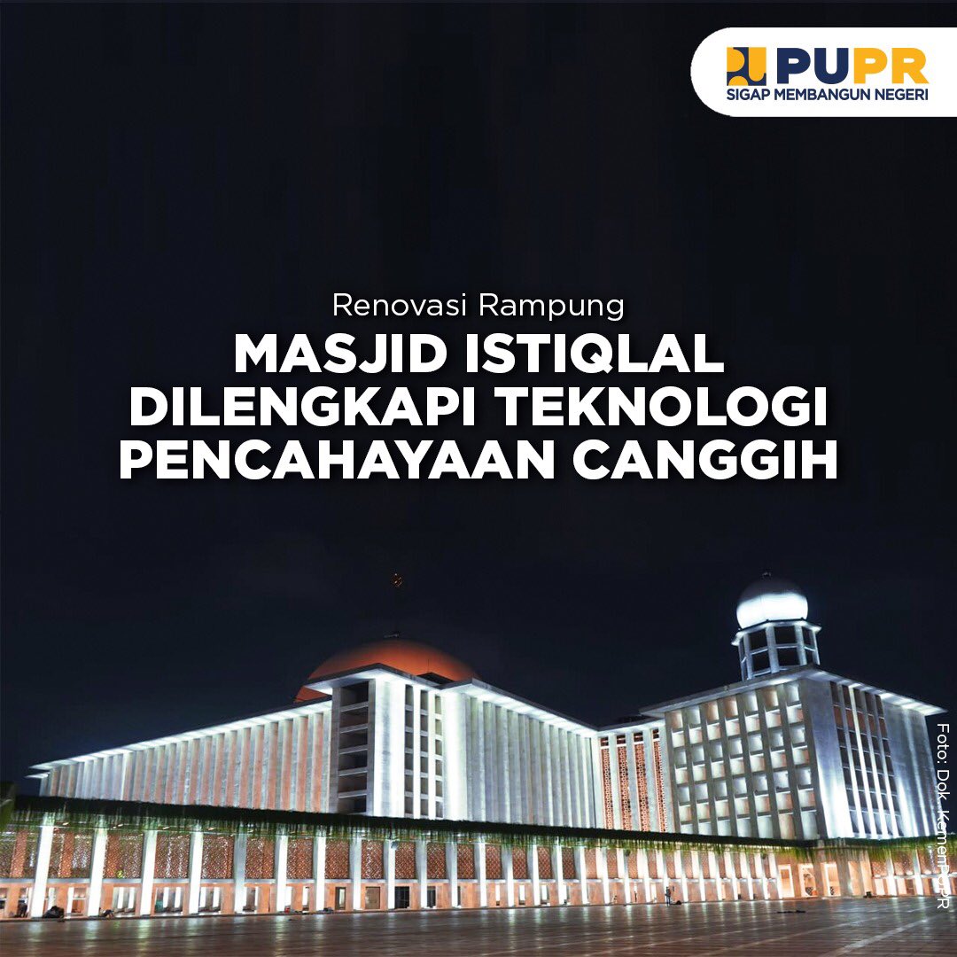 Jelang Iduladha 1441 H, pekerjaan renovasi Masjid Istiqlal Jakarta telah selesai. Renovasi ini adalah pertama dan terbesar sejak dibangunnya masjid 41 tahun lalu. Salah satu aspek yang direnovasi adalah pencahayaan masjid. #SigapMembangunNegeri