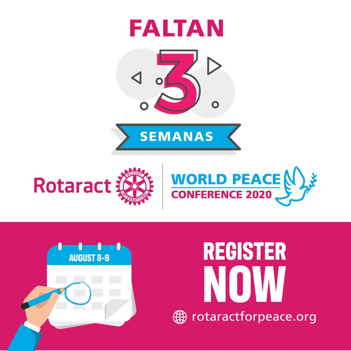 Rotaract4Peace's tweet photo. There are three weeks left until the start of the #conference! Make sure you #register now and share your #Peace projects! 

Faltan tres semanas para el comienzo de la #conferencia! ¡Asegúrate de #registrarte ahora y compartir tus proyectos de #paz!
 
#RotaractForPeace https://t.co/Rw23v2j6iU