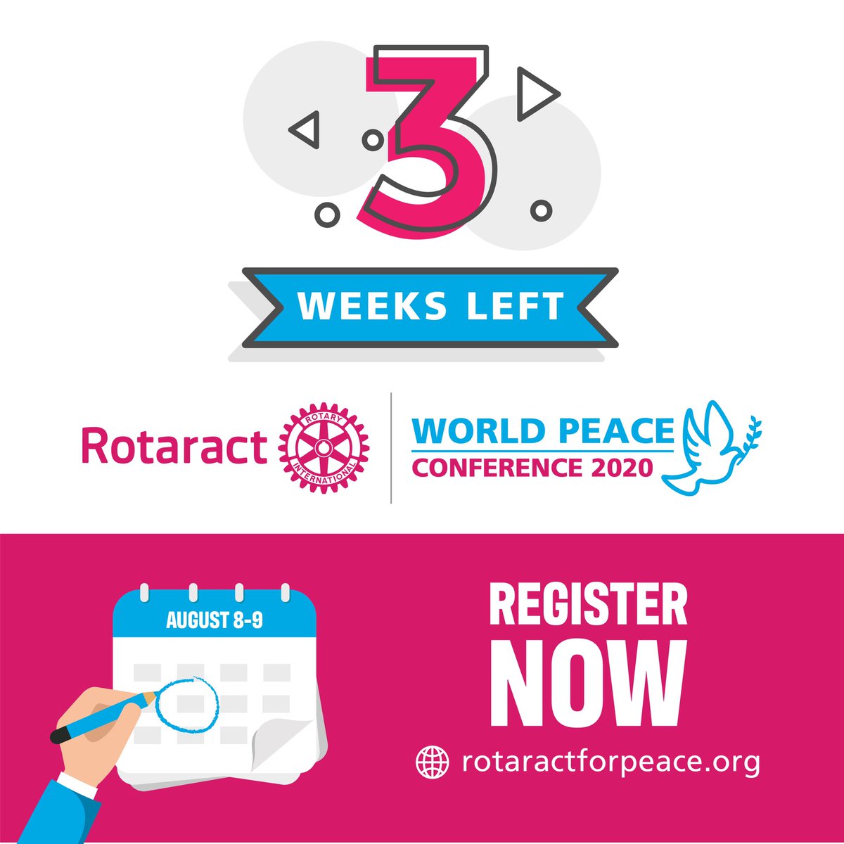 Rotaract4Peace's tweet photo. There are three weeks left until the start of the #conference! Make sure you #register now and share your #Peace projects! 

Faltan tres semanas para el comienzo de la #conferencia! ¡Asegúrate de #registrarte ahora y compartir tus proyectos de #paz!
 
#RotaractForPeace https://t.co/Rw23v2j6iU