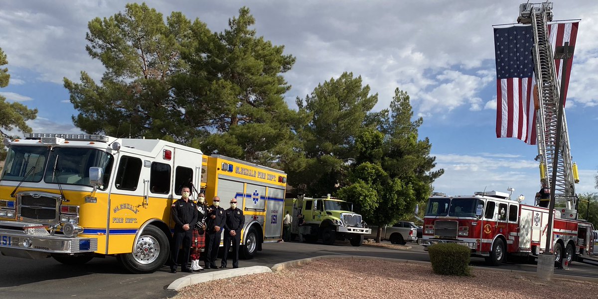 GlendaleFire's tweet photo. Glendale Firefighters are among those honoring Bryan Boatman better known as BJ. Bryan tragically died after his helicopter crashed while he was delivering supplies for the Polles Fire. Our thoughts and prayers are with his friends and family today. Stay safe. https://t.co/8UJGFZxHJm