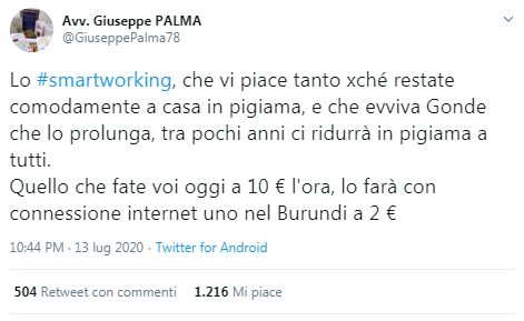 THREAD (ma solo per chi non ha fatto le scuole elementari)"Con lo smartworking esternalizzeranno il vostro lavoro in Burundi!!!!"Dunque. https://twitter.com/GiuseppePalma78/status/1282777834537259010