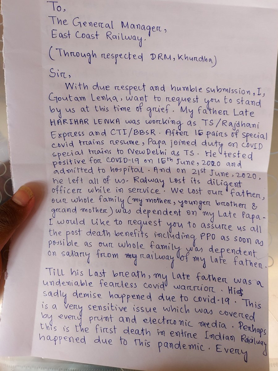 withgoutam's tweet photo. Please do consider my request to declare my late father Harihar Lenka who was working as CTI/BBS as #CovidWarrior who lost his life in COVID-19 after he worked in train to Delhi.
@eastcoastrail @RailMinIndia @PiyushGoyal @DRMKhurdaroad @drmsambalpur 
@drmwat_ecor https://t.co/i1ezo7Kpq3
