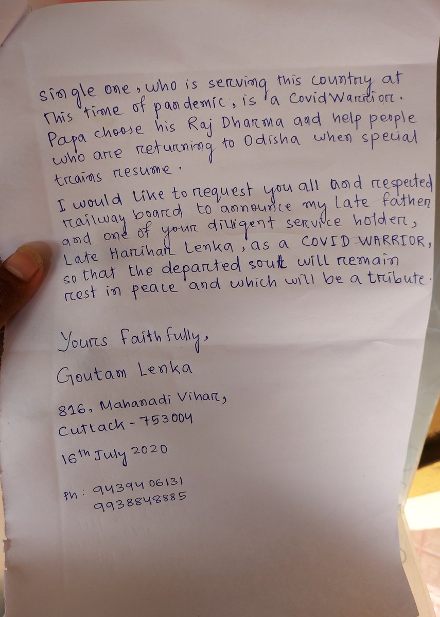 withgoutam's tweet photo. Please do consider my request to declare my late father Harihar Lenka who was working as CTI/BBS as #CovidWarrior who lost his life in COVID-19 after he worked in train to Delhi.
@eastcoastrail @RailMinIndia @PiyushGoyal @DRMKhurdaroad @drmsambalpur 
@drmwat_ecor https://t.co/i1ezo7Kpq3
