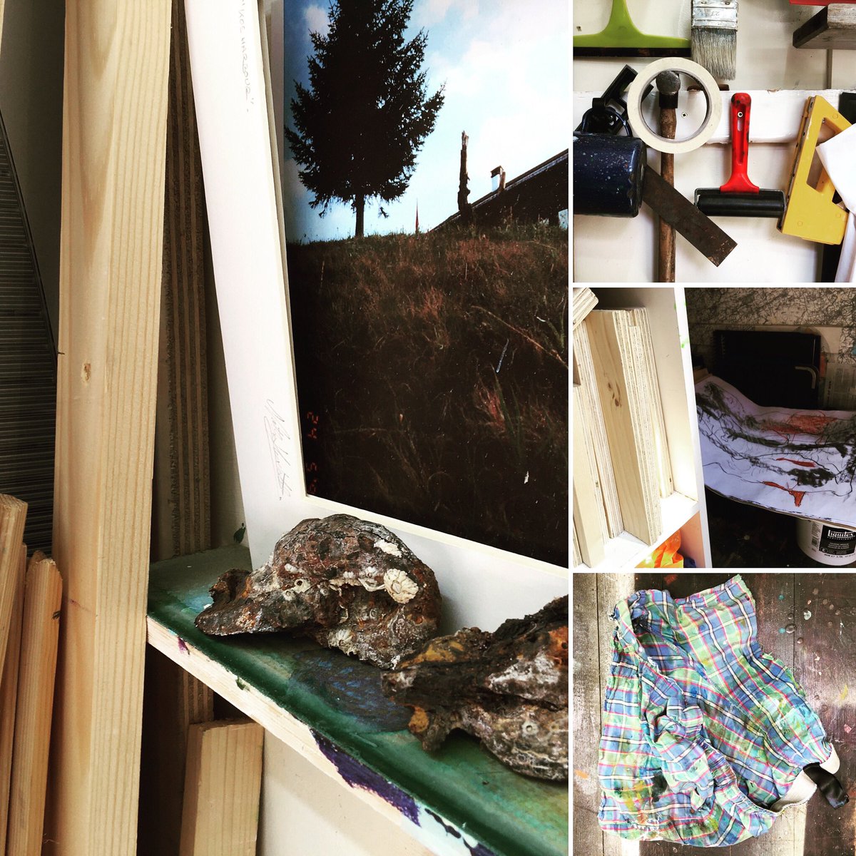 huxtable_nathan's tweet photo. It’s all about tools this week #cosart2020 so here’s a look inside The Shed.
As much as possible is reused (old clothes), recycled (wood, yoghurt pots etc) or repurposed (windscreen scraper, bubble wrap etc).
Still time to see @camopenstudios #openwindows2020 this July. https://t.co/Uk0H6lbatF