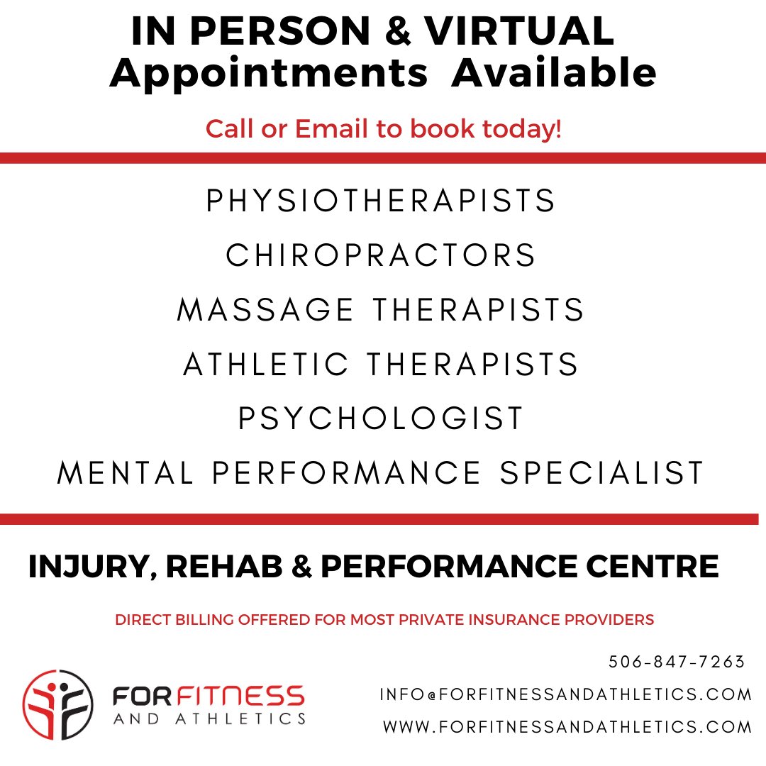ForfitnessA's tweet photo. ForFitness and Athletics is an Injury, Rehab, and Performance Center situated in the heart of Rothesay!  Are you in pain? Call to make your appointment!

-Physiotherapists 
-Chiropractors
-Massage Therapists
-Athletic Therapists
-Psychologist 
-Mental Performance Consultant https://t.co/Z7wSSpO3q4
